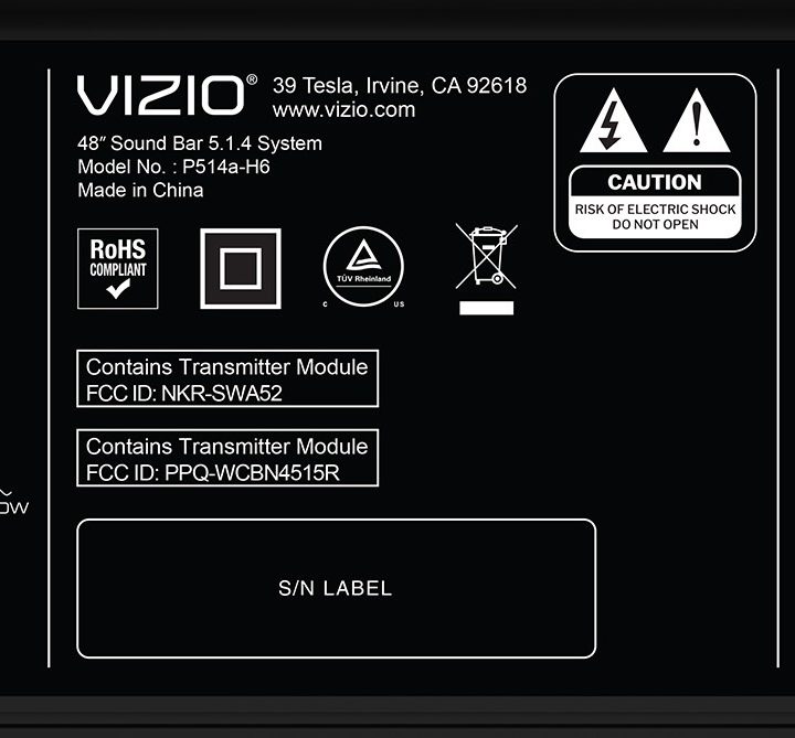 A label on the bottom of a Vizio Dolby Atmos soundbar.