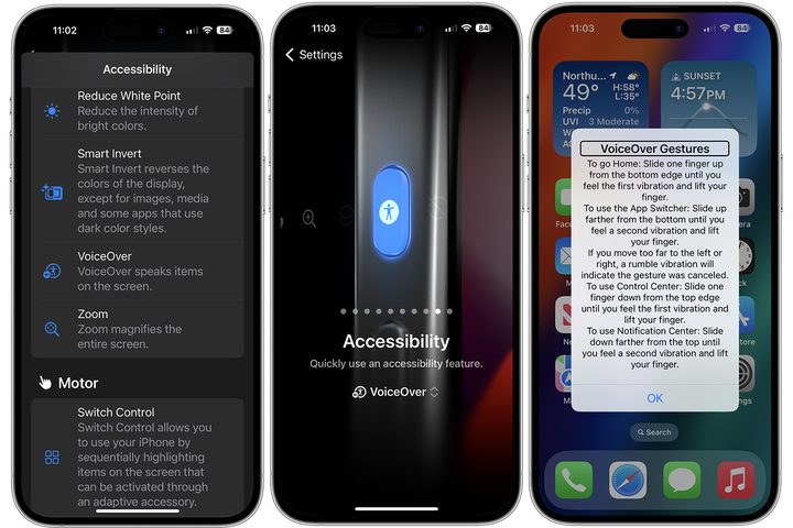 VoiceOver accessibility tool for use with iPhone 15 Pro's Action button.