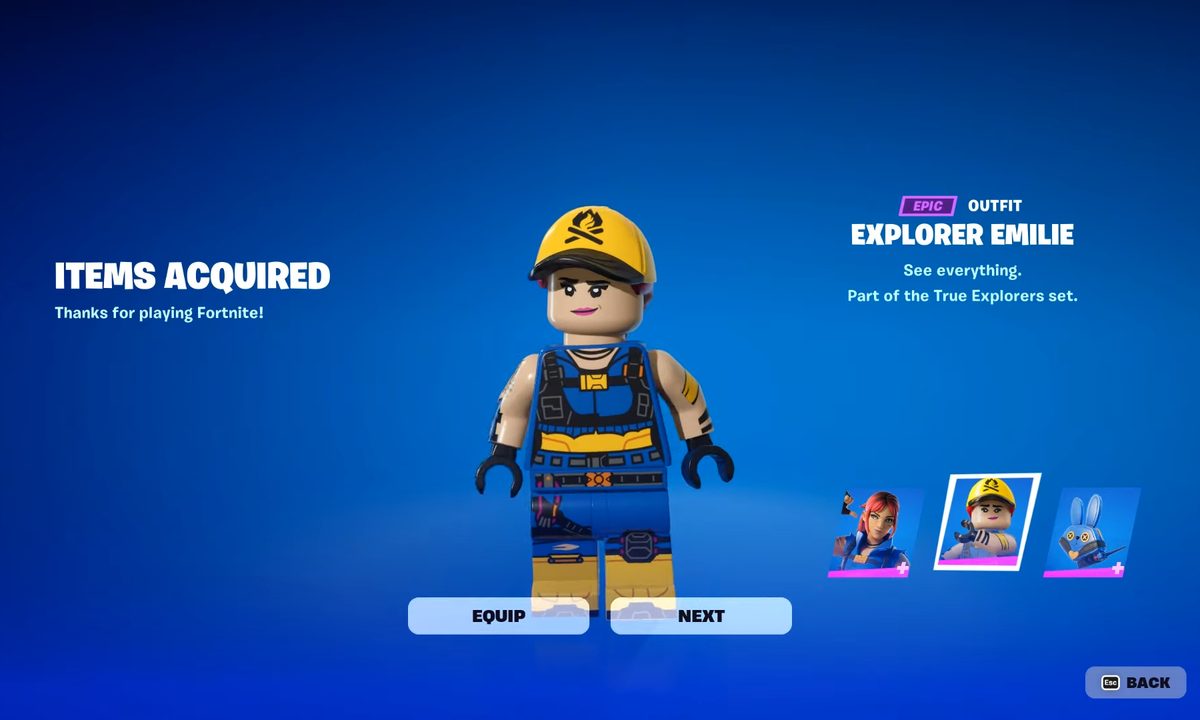 The explorer emilie skin in Lego Fortnite.