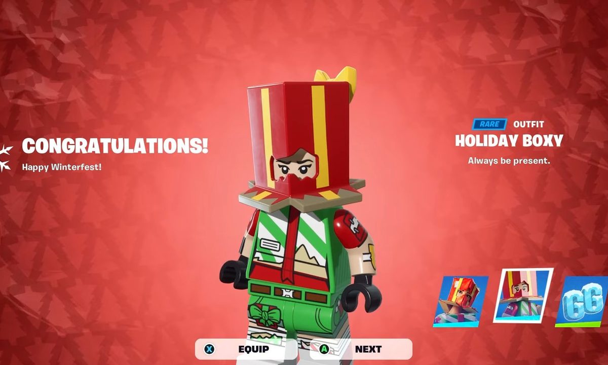 A lego character wearing presents.