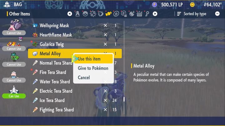 A trainer selecting the metal alloy item in Pokémon Scarlet and Violet