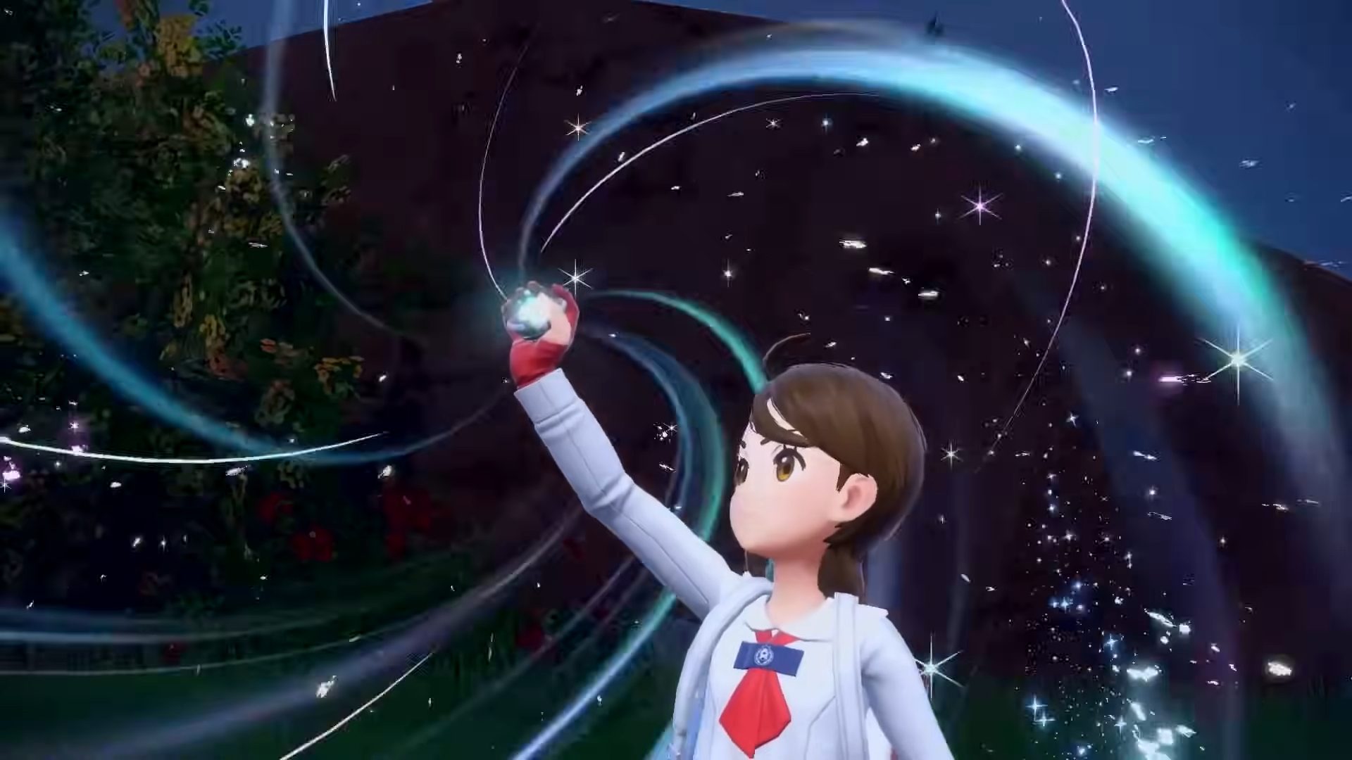 A Pokémon trainer holding a glowing Pokémon ball.