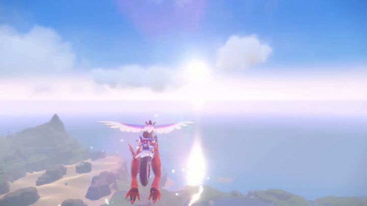 A trainer flying on a pokemon Pokémon Scarlet and Violet.