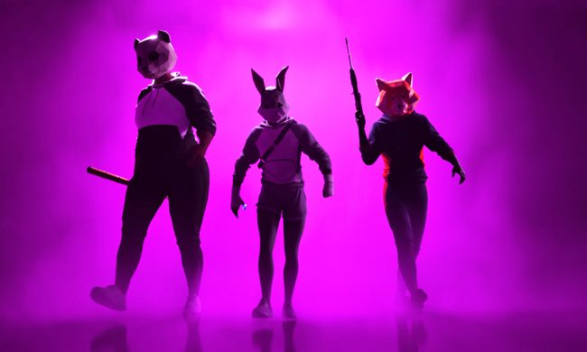Three masked soldiers in a pink mist.