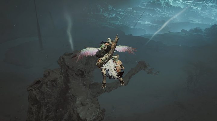 A hunter on a mount gliding in a storm.