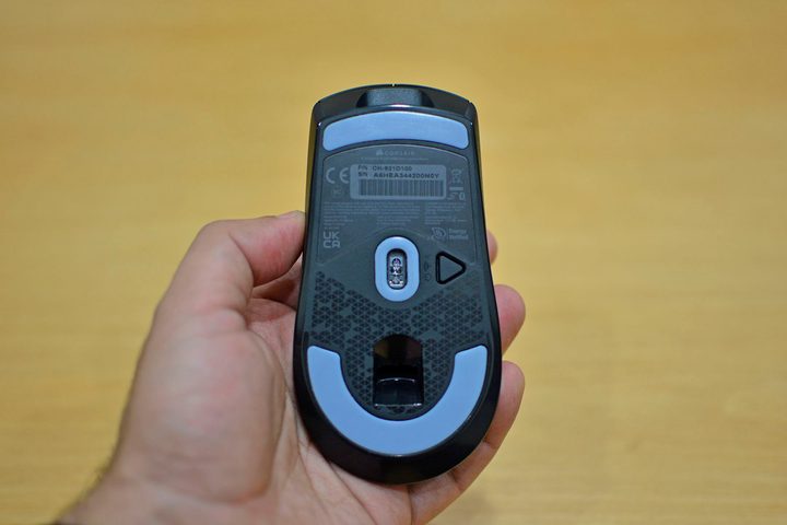Bottom view of the Corsair M75 Air wireless gaming mouse.