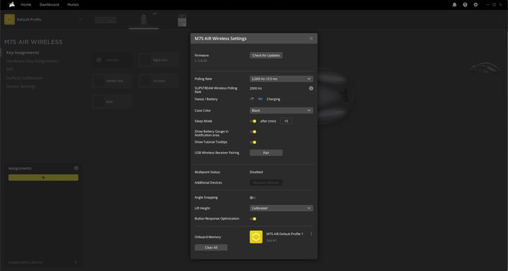 Corsair iCUE software used to customize settings on the M75 Air wireless gaming mouse.