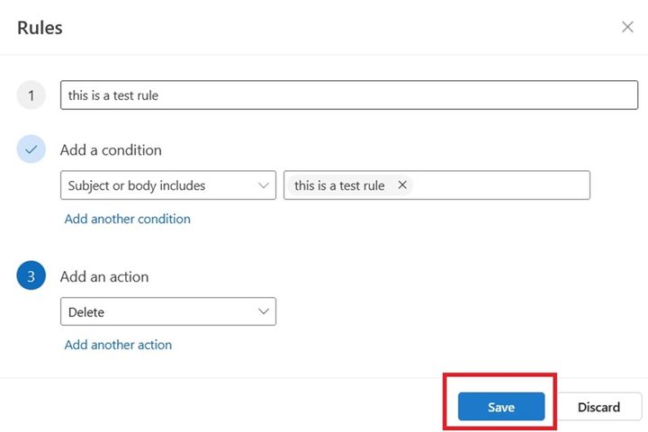 This is what creating a rule in Outlook on the web looks like. Here, we have a test rule being made.