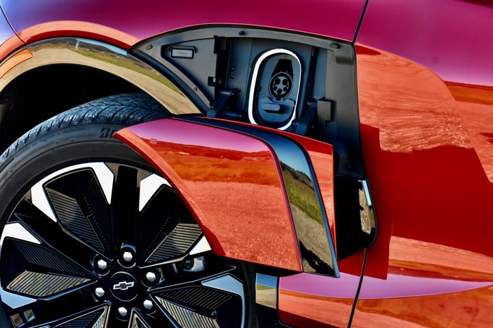 A 2024 Chevrolet Blazer EV RS charge port.