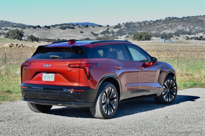 Rear three quarter view of a 2024 Chevrolet Blazer EV RS.