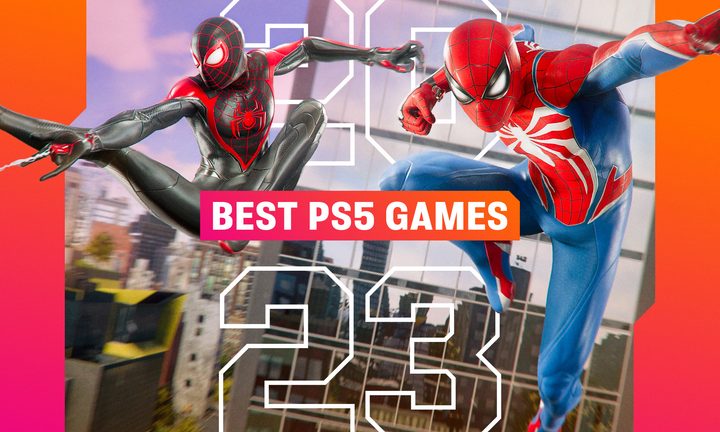 Spider-Man and Miles Morales stand in front of a Best PS5 Games 2023 logo.