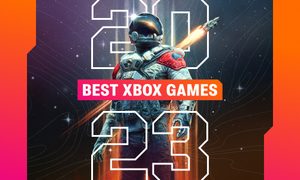 A character from Starfield stands in front of text that Best Xbox Games 2023.