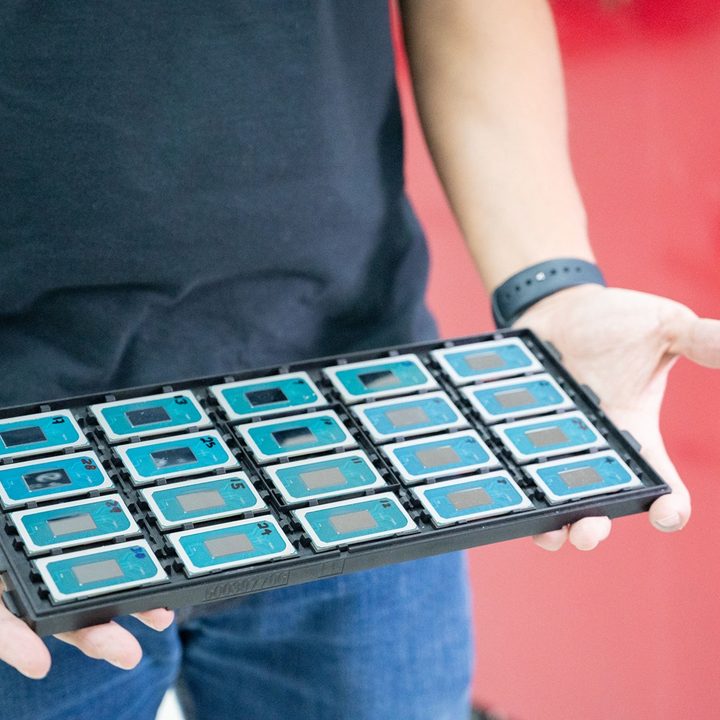 A tray of Intel Core Ultra CPUs.