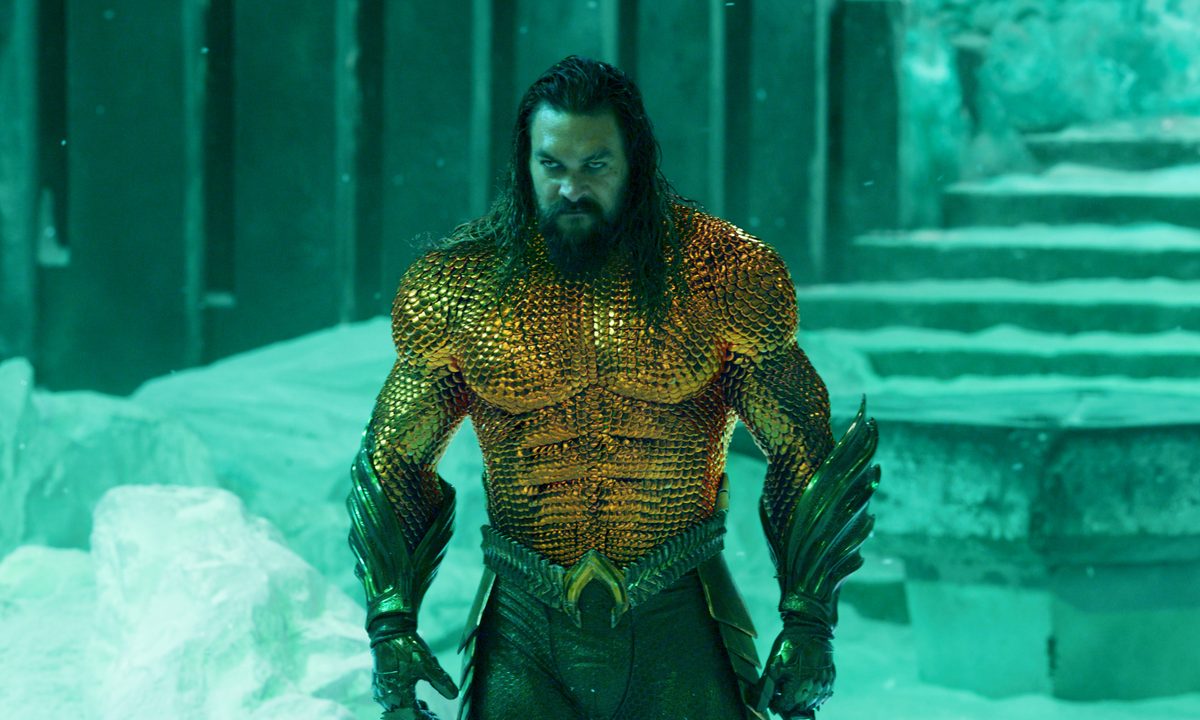 Jason Momoa wears his Aquaman armor in Aquaman and the Lost Kingdom.