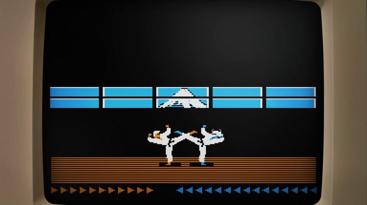 Two characters kick each other in The Making of Karateka.