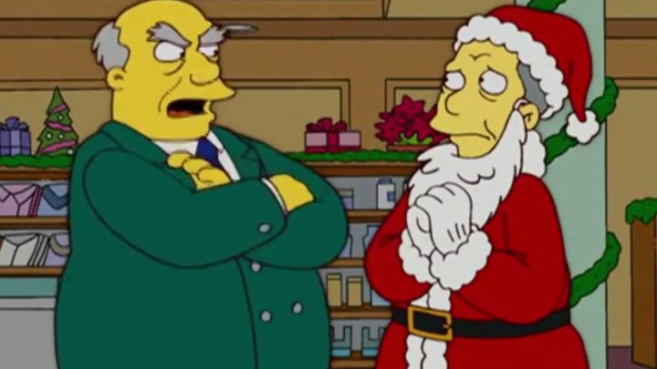 Gil gets fired from his job as a mall Santa on The Simpsons.