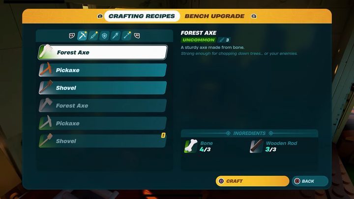 A crafting menu for an axe in Lego Fortnite.