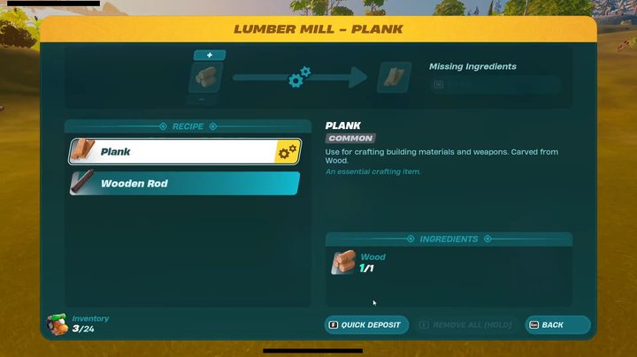 A crafting menu for planks in Lego Fortnite.