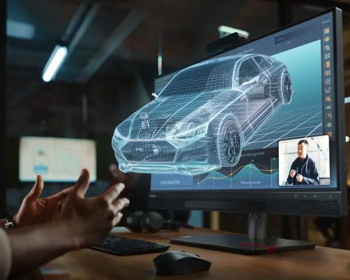 A 3D visual to represent the experience on the Lenovo ThinkVision 27 3D monitor.