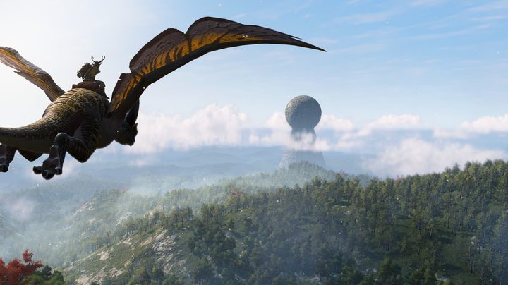 A dragon flying toward a mysterious sphere.