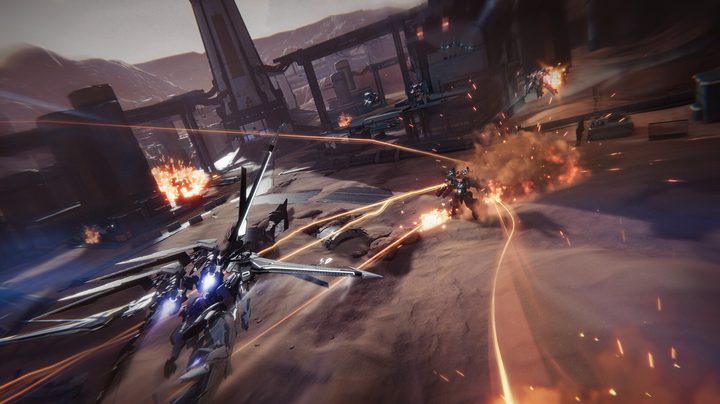A Striker flies through the air in Mecha Break.