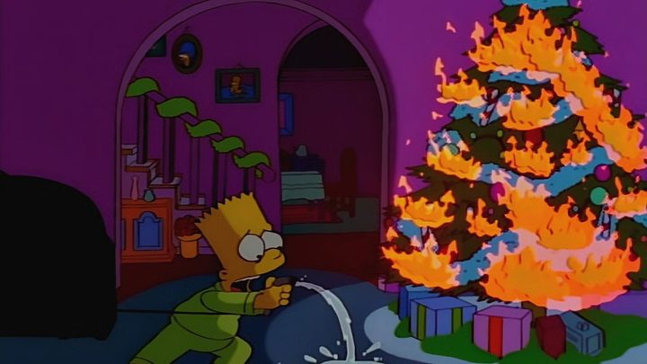 Bart tries to put out the fire on the Christmas tree in The Simpsons.