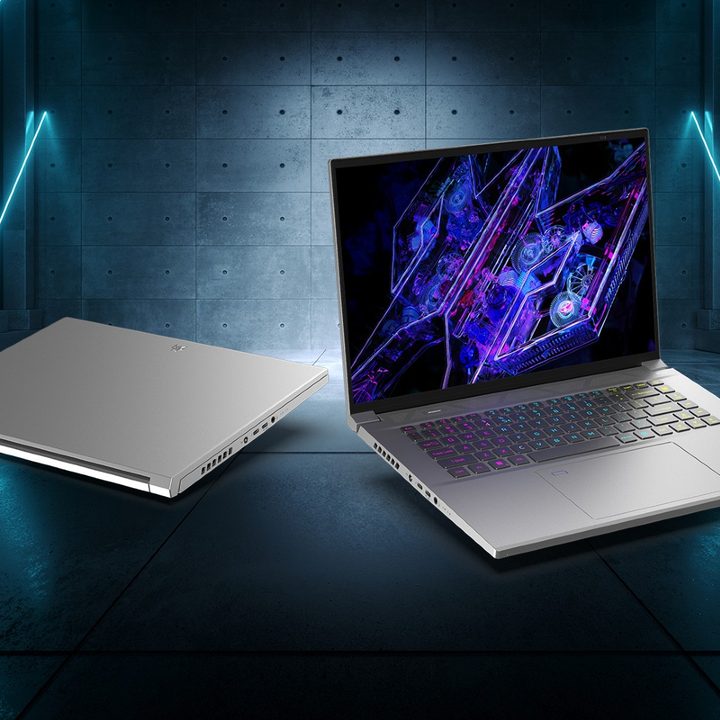 Two versions of the Predator Triton Neo 16 on a stylized graphic background.
