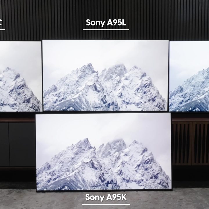 Snowy white moutain peaks agains a white cloudy background compared on a Samsung S95C, Sony A95L, LG G3, and Sonly A95K TV.