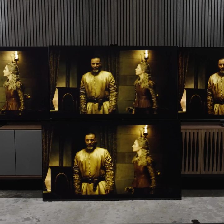 A scene from a film compared on a Samsung S95C, Sony A95L, LG G3, and Sonly A95K TV.