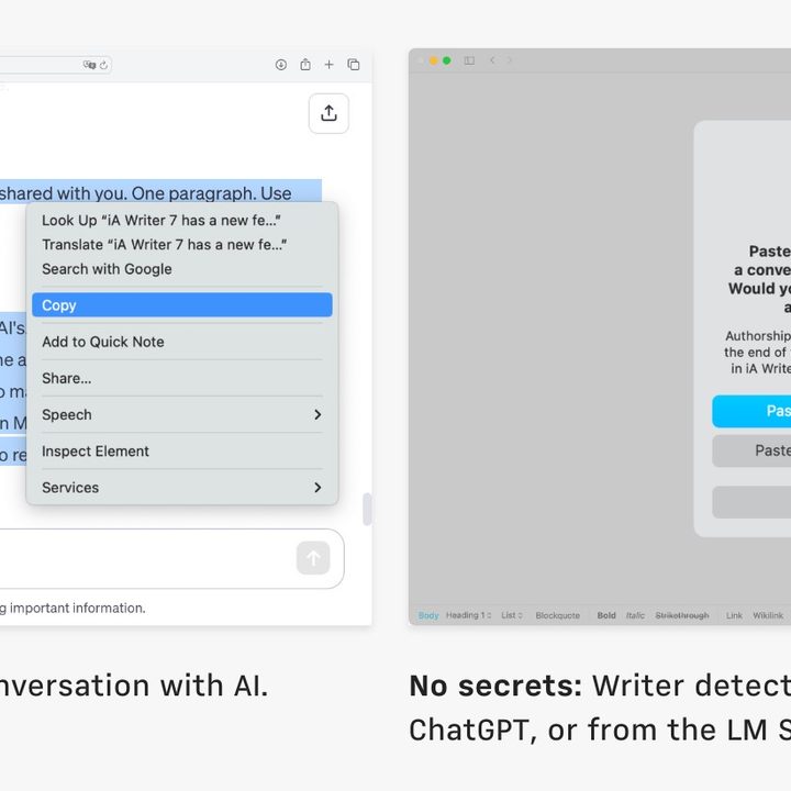 Two screenshots of the AI feature being used in iA Writer.