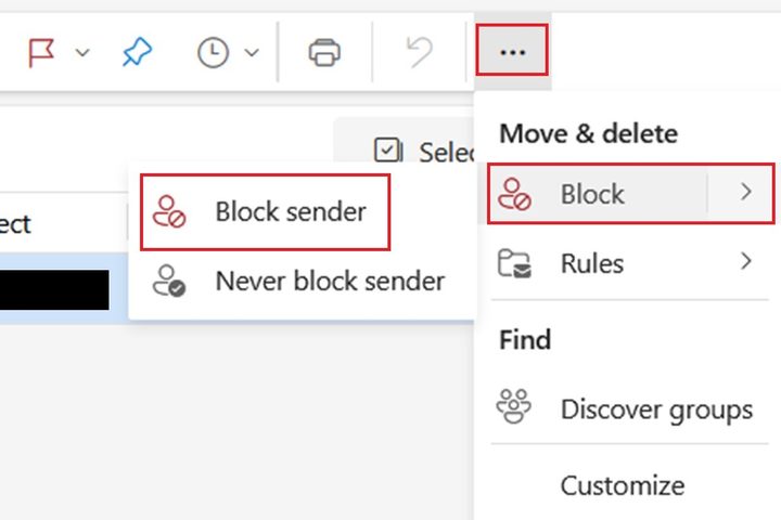 Select 'block sender' to block a spam sender in Outlook.