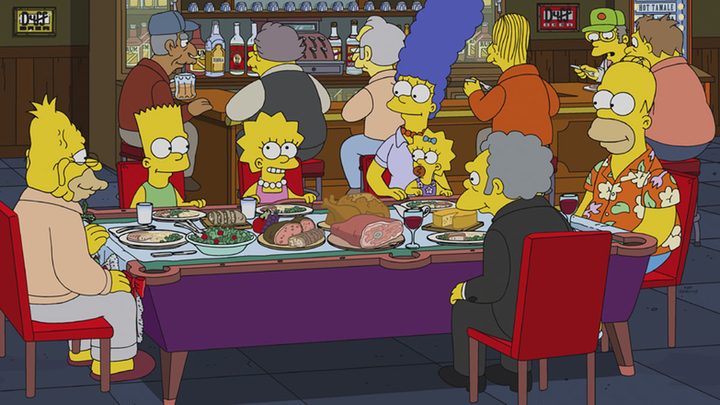 The Simpsons family have a Christmas dinner at Moe's bar.