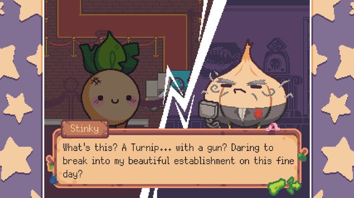 Turnip Boy has a gun and is robbing a bank. Look out