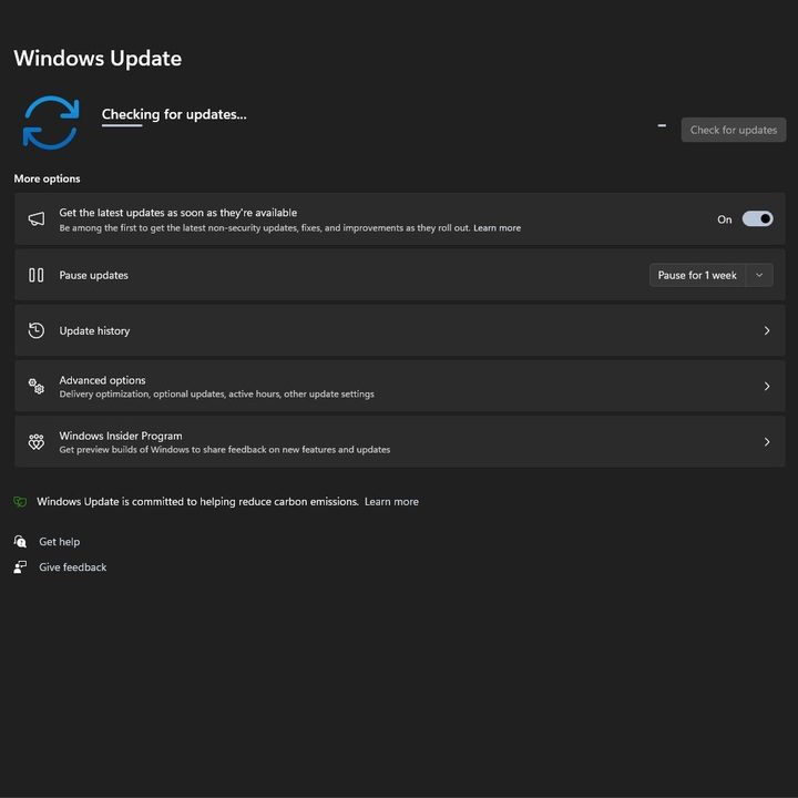 Screenshot of Windows 11 Settings checking for the latest updates.