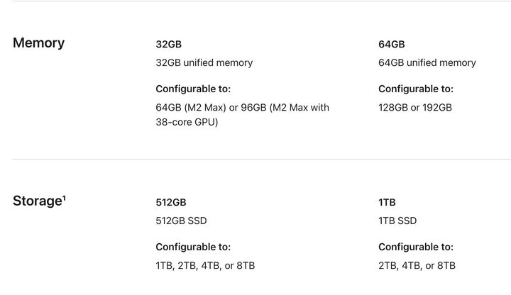 Apple Mac Studio RAM and storage options.