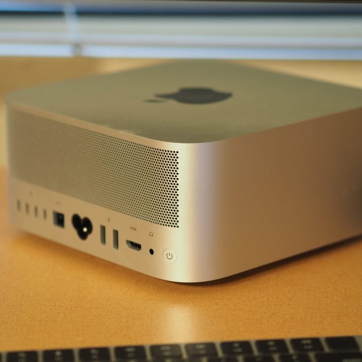 Apple Mac Studio top down angled view showing side and rear.