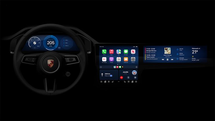 The next generation of Apple CarPlay, as seen in a Porsche, going 127 mph, while on a phone call.