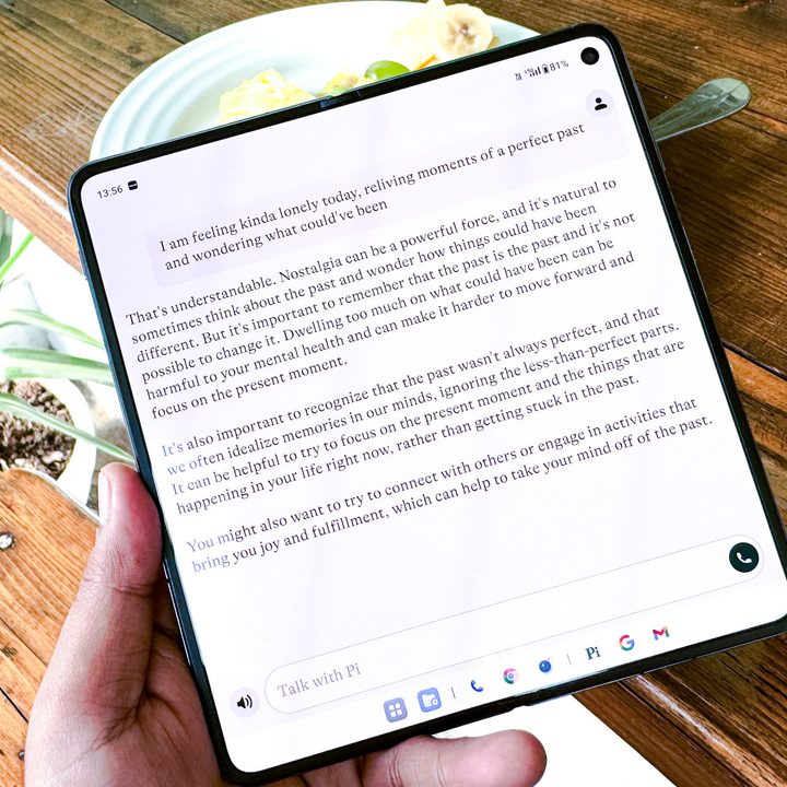 Discussing nostalgia with Pi assistant on Android.