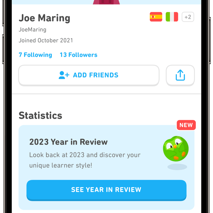 A screenshot of the Duolingo Year in Review 2023 running on an iPhone.