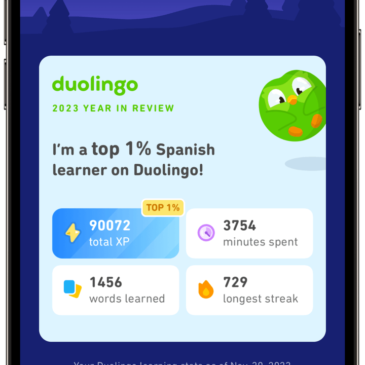 A screenshot of the Duolingo Year in Review 2023 running on an iPhone.