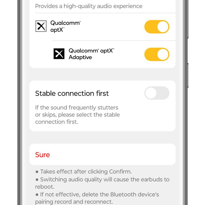 EarFun app for Android aptX settings.