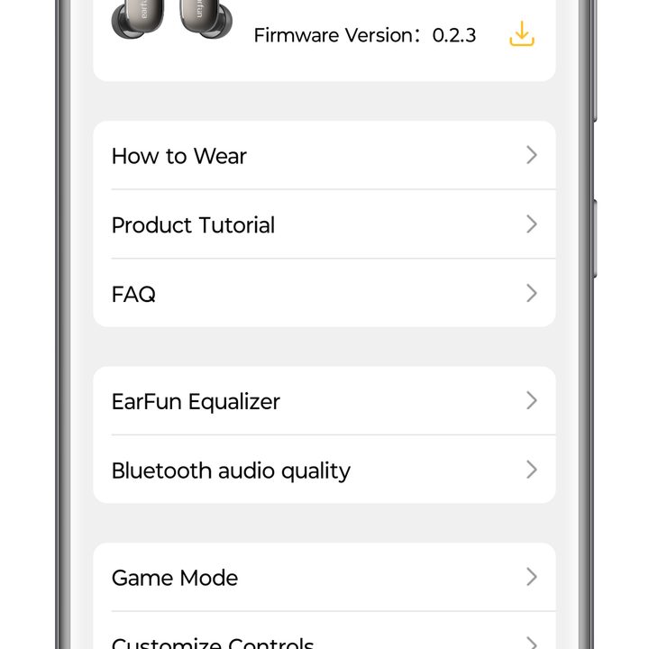 EarFun app for Android advanced settings.