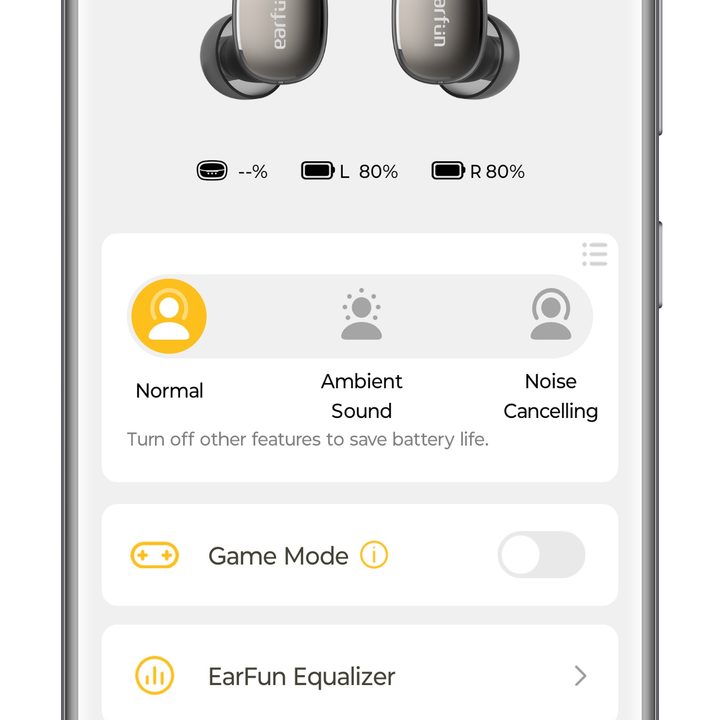 EarFun app for Android home page.