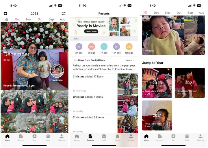 Screenshots of the Family Album app on iPhone.