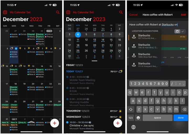 Screenshots of Fantastical on iPhone.