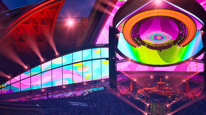 A band plays on a big stage in Fortnite Festival.