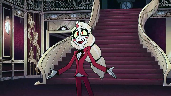 Charlie, Princess of Hell with her arms outstretched in an animated image from Hazbin Hotel.