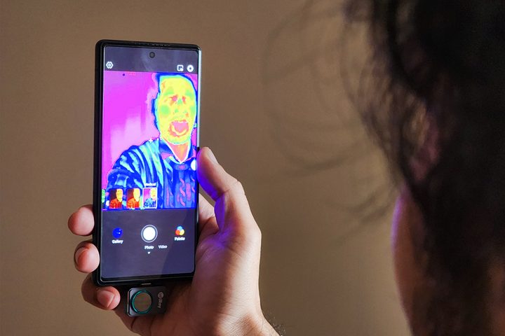 Selfie using Infiniray P2Pro infrared thermal imaging camera attached to a Google Pixel 6a.