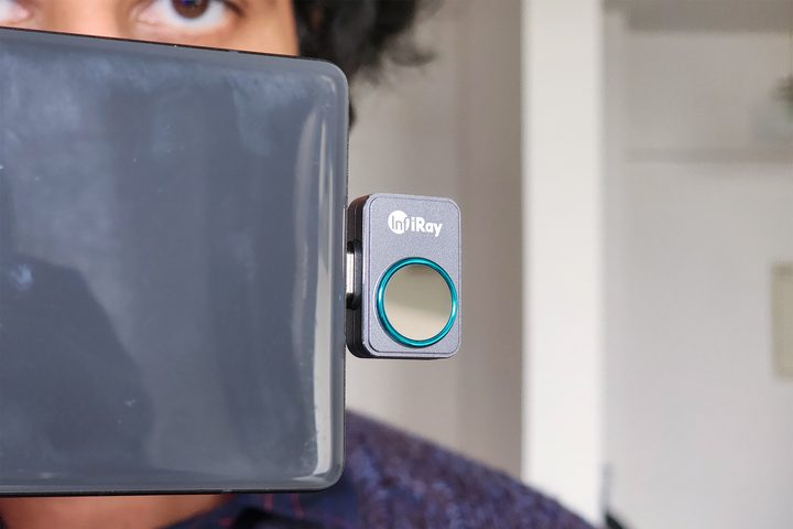 Infiniray p2pro thermal camera attached to a Google Pixel 6a held in hand.