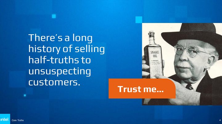 An Intel marketing slide comparing AMD processors to snake oil.